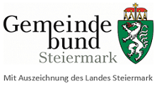 Logo des Gemeindebundes Steiermark. Links steht 3 Zeilig geschrieben: Gemeinde bund Steiermark. Rechts davon befindet sich in selber Größe wie die 3 Zeilen das steirische Wappen in Grün mit weißem Panther.